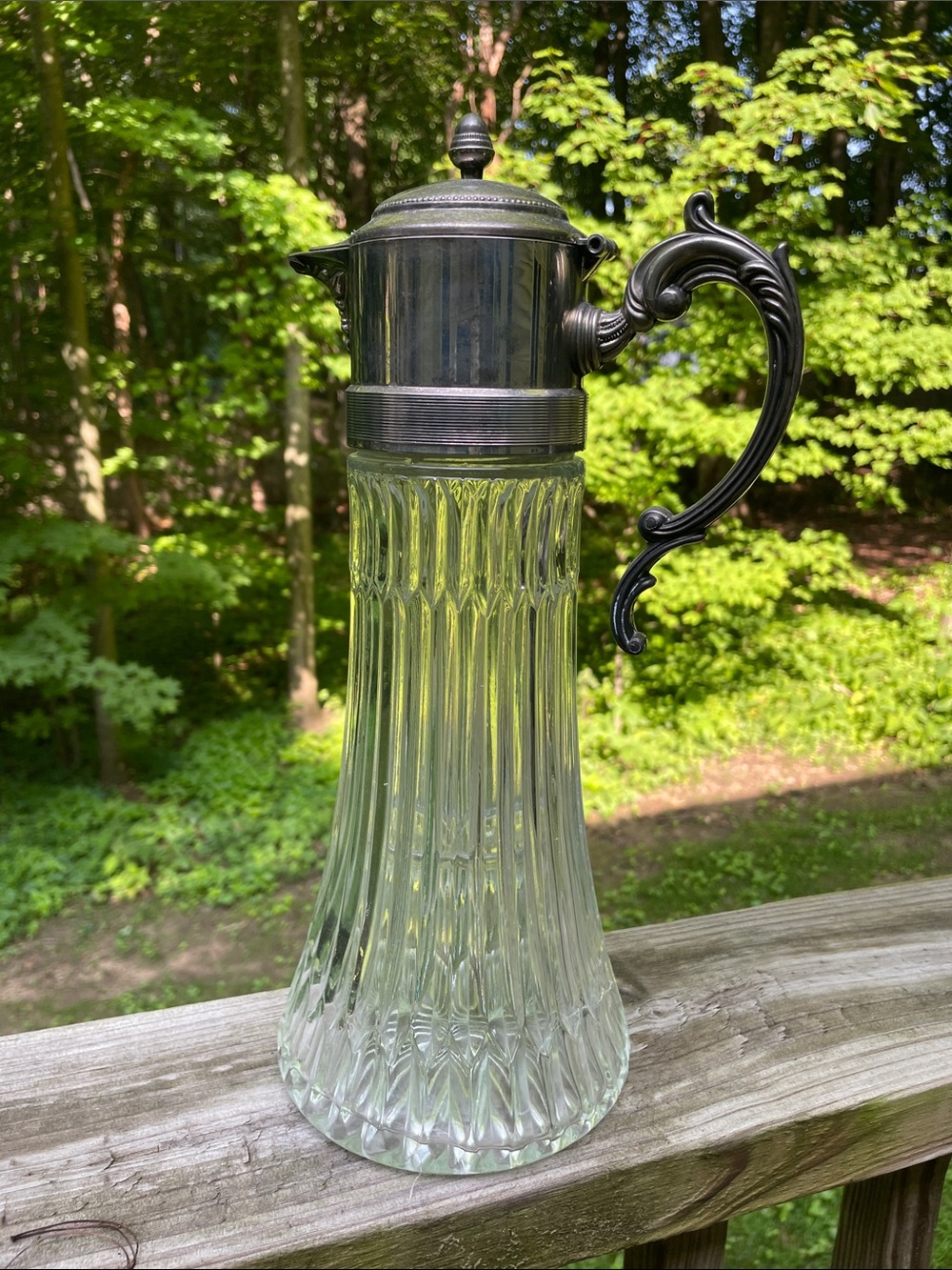 Vintage Silverplate Pressed Glass Claret Jug Pitcher w/ Hinged Lid - Centerpiece